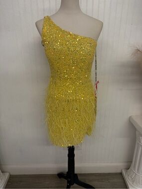 Rachel Allan Yellow One-Shoulder Sequin & Feather Cocktail Dress
